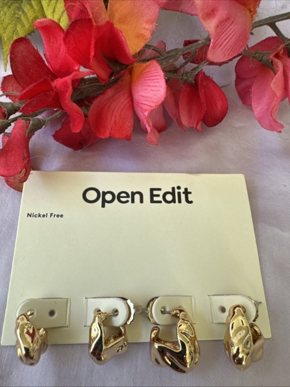 OPEN EDIT EARRINGS NWT NICKEL FREE Shiny Molten Nugget Gold Tone 6 PC SET NEW